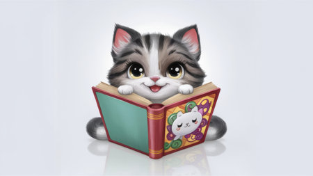 A cartoon cat sitting on a book with eyes and mouth open, AIの素材