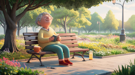 A cartoon character sitting on a bench reading in the park, AIの素材