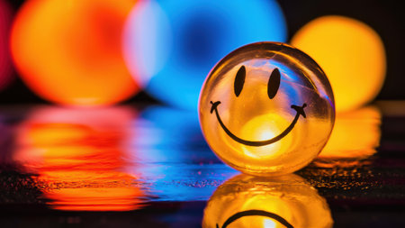 A yellow smiley face ball sitting on top of a table, AIの素材