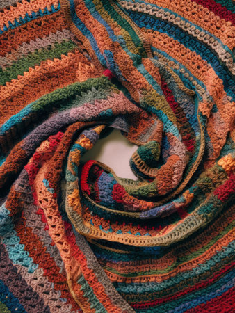 A close up of a crocheted blanket with many colors, AIの素材