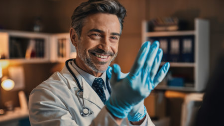 A man in a white coat and blue gloves is smiling, AIの素材