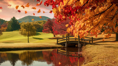 A bridge over a small pond in the middle of an autumn field, AIの素材