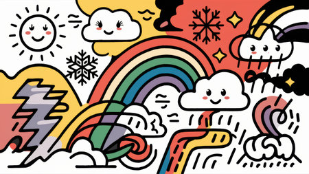 A drawing of a cartoon style illustration with clouds, rainbows and snow, AIの素材