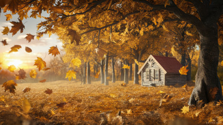 A small house surrounded by leaves in a field, AIの素材