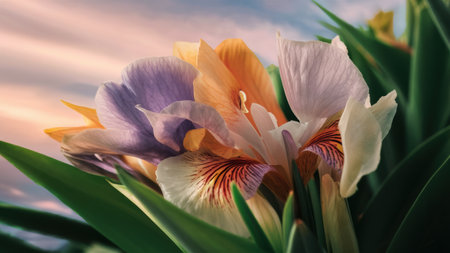 A close up of a bunch of flowers with some leaves, AIの素材
