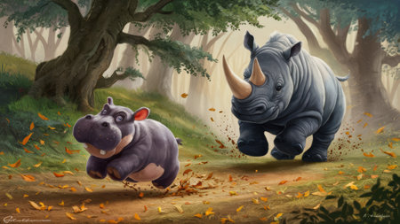 A cartoon rhino and baby elephant running through a forest, AIの素材