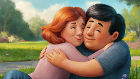 A cartoon painting of a man and woman hugging each other, AIの素材