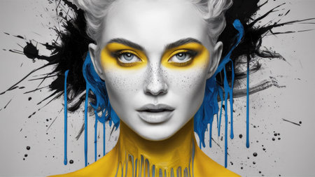 A woman with blue and yellow paint splattered on her face, AIの素材