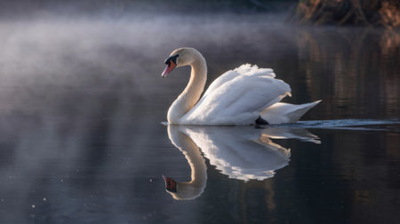 A swan swimming in a lake with fog and mist, AIの素材