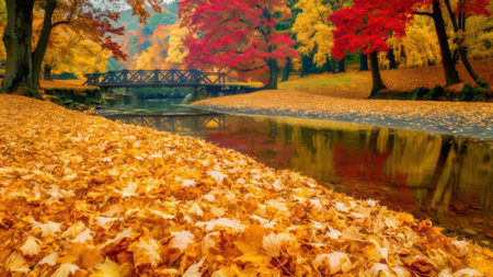 A river with a bridge in the background surrounded by leaves, AIの素材
