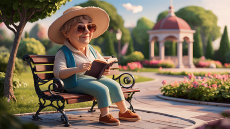 A cartoon character sitting on a bench reading in the park, AIの素材