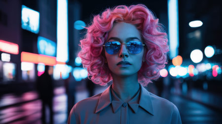 A woman with pink hair and sunglasses standing in the middle of a city, AIの素材