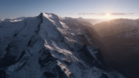 A view of a mountain covered in snow with the sun shining, AIの素材