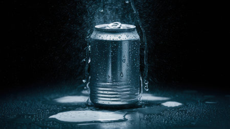 A can of a metal soda can with water splashing out, AIの素材