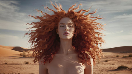 A woman with red hair standing in the desert, AIの素材