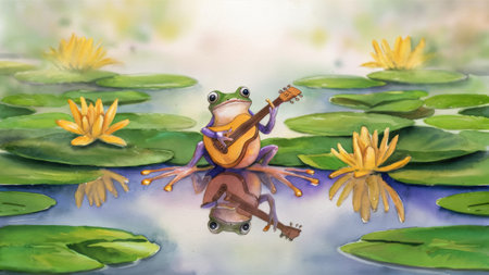 A frog with a guitar playing in the water lily pond, AIの素材