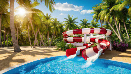 A water slide in a tropical setting with palm trees, AIの素材