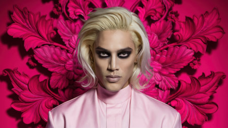 A man with blonde hair and a pink shirt is in front of flowers, AIの素材