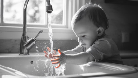 A baby playing with water in a kitchen sink, AIの素材