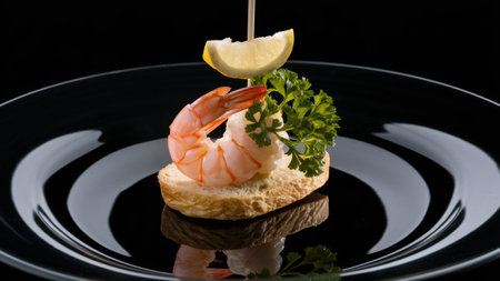 A shrimp and lemon slice on a piece of bread with some parsley, AIの素材