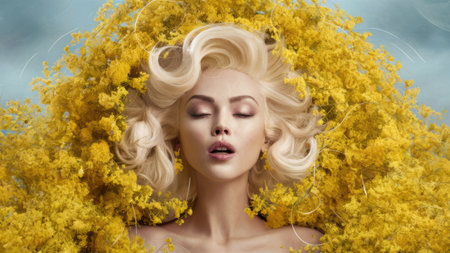 A woman with blonde hair surrounded by yellow flowers, AIの素材