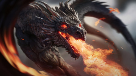 A dragon with red eyes and fire coming out of its mouth, AIの素材