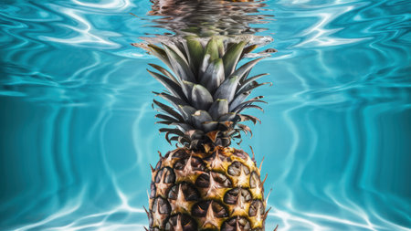 A pineapple is underwater with a blue background and water, AIの素材