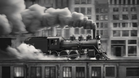 A steam train is traveling down a track in front of buildings, AIの素材