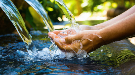 A person washing their hands with water from a fountain, AIの素材
