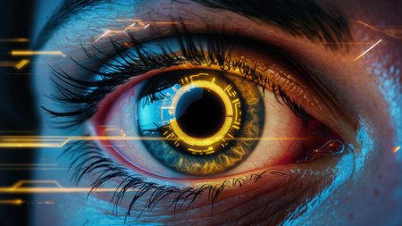 A close up of a womans eye with glowing yellow iris, AIの素材