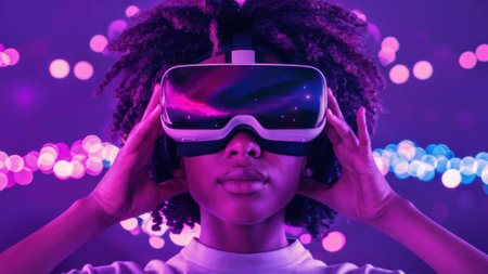 A woman with curly hair wearing a virtual reality headset, AIの素材