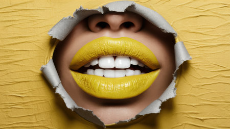 A womans mouth is shown through a hole in the wall, AIの素材