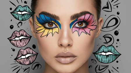 A woman with colorful makeup and lips drawn on her face, AIの素材