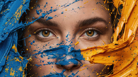 A womans face painted with blue and yellow paint, AIの素材