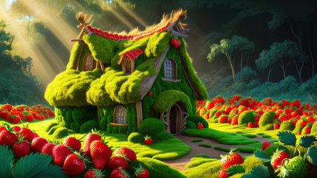 A house made of grass and strawberries in a field, AIの素材