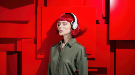 A woman with red hair wearing headphones and a black shirt, AIの素材