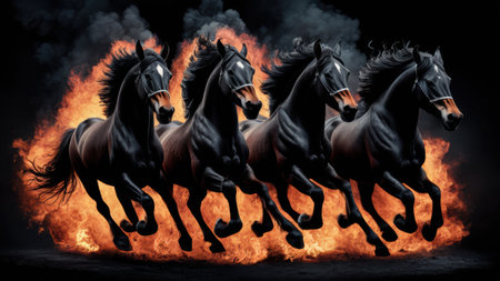 A group of horses running through a fire with flames behind them, AIの素材
