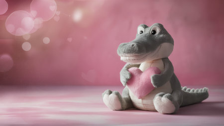 A stuffed alligator holding a heart shaped toy in its mouth, AIの素材