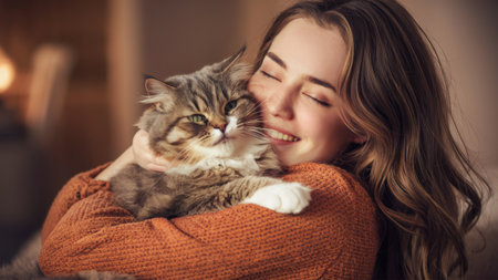 A woman holding a cat in her arms while smiling, AIの素材