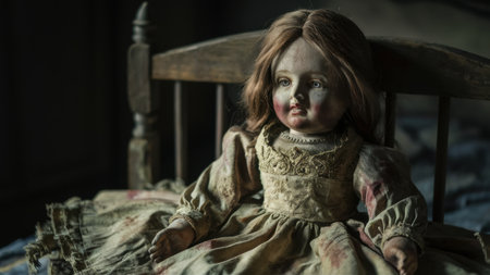 A doll sitting on a wooden bed with an old dress, AIの素材