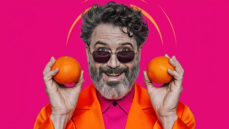 A man in a suit holding two oranges with his hands, AIの素材