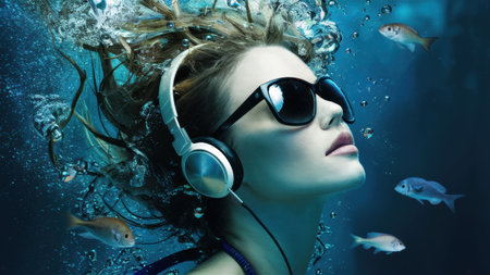 A woman wearing headphones and swimming in a pool of fish, AIの素材