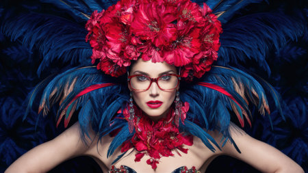 A woman with a large red flower headpiece and glasses, AIの素材