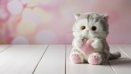 A small stuffed cat with a heart shaped toy on top of wood floor, AIの素材