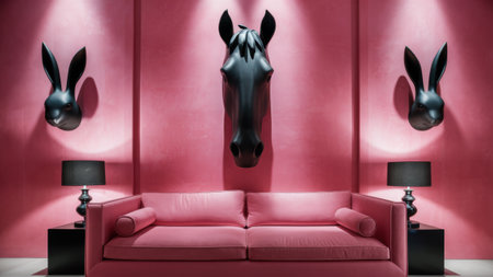 A pink room with a couch and two lamps on the wall, AIの素材