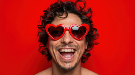 A man with a mustache and sunglasses wearing red heart shaped glasses, AIの素材