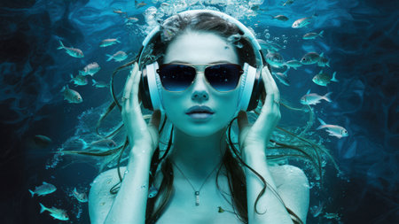 A woman with headphones and sunglasses underwater surrounded by fish, AIの素材