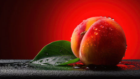 A peach with water droplets on it sitting next to a leaf, AIの素材