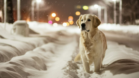 A dog walking in the snow on a street at night, AIの素材