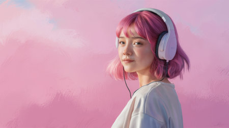A woman with pink hair wearing headphones and a white shirt, AIの素材